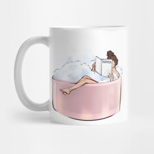 Relaxed woman taking bath reading fashion magazine Mug